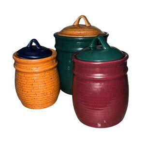 Handmade Vintage Speckled Ceramic Canister Set With Lids - Green Burgundy & Must